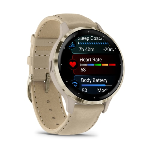 Спортивные часы Garmin VENU 3S цвета "французский серый" с золотистым безелем и кожаным ремешком