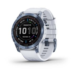 Спортивные часы Garmin Fenix 7 Sapphire Solar титановый синий минерал DLC с белым ремешком