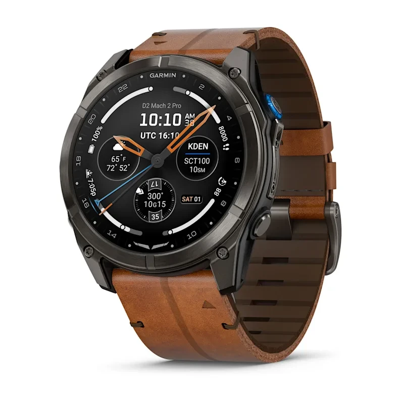 Спортивные часы Garmin D2 Mach 2 Pro 51 mm Для пилотов Carbon Gray DLC Titanium with Chestnut Leather Band