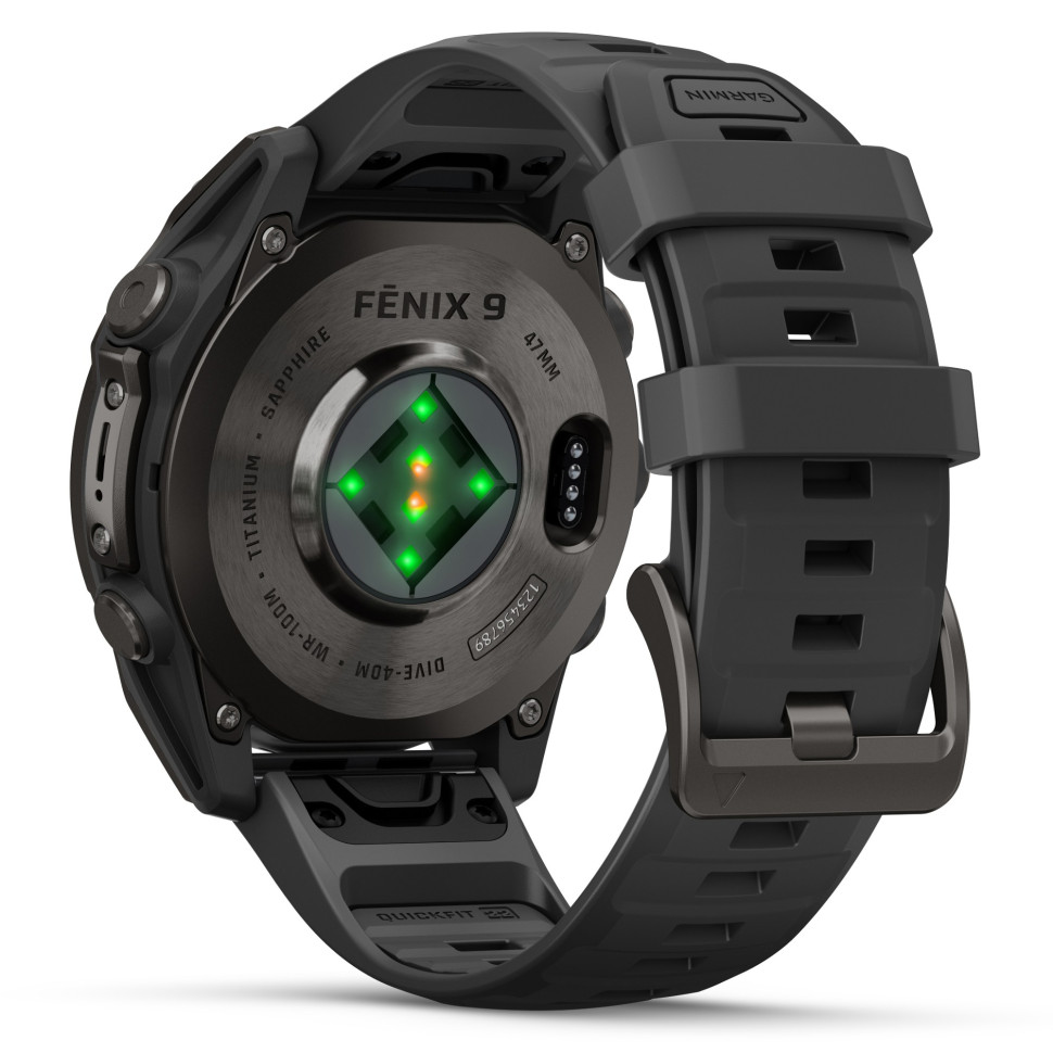 Спортивные часы Garmin Fenix 9 47mm, AMOLED Sapphire, Carbon Gray DLC Titanium with Black Silicone Band