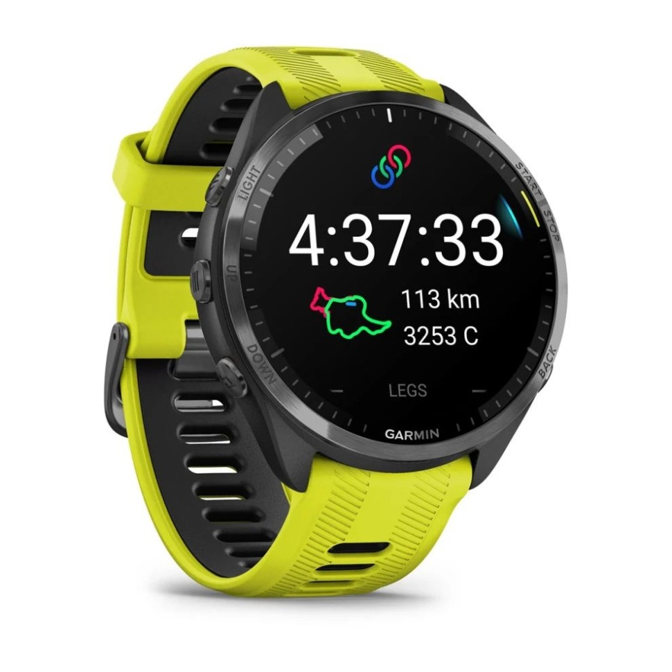 Спортивные часы Garmin Forerunner 965 черные, темно-серый DLC титановый безель, с желто-черным ремешком