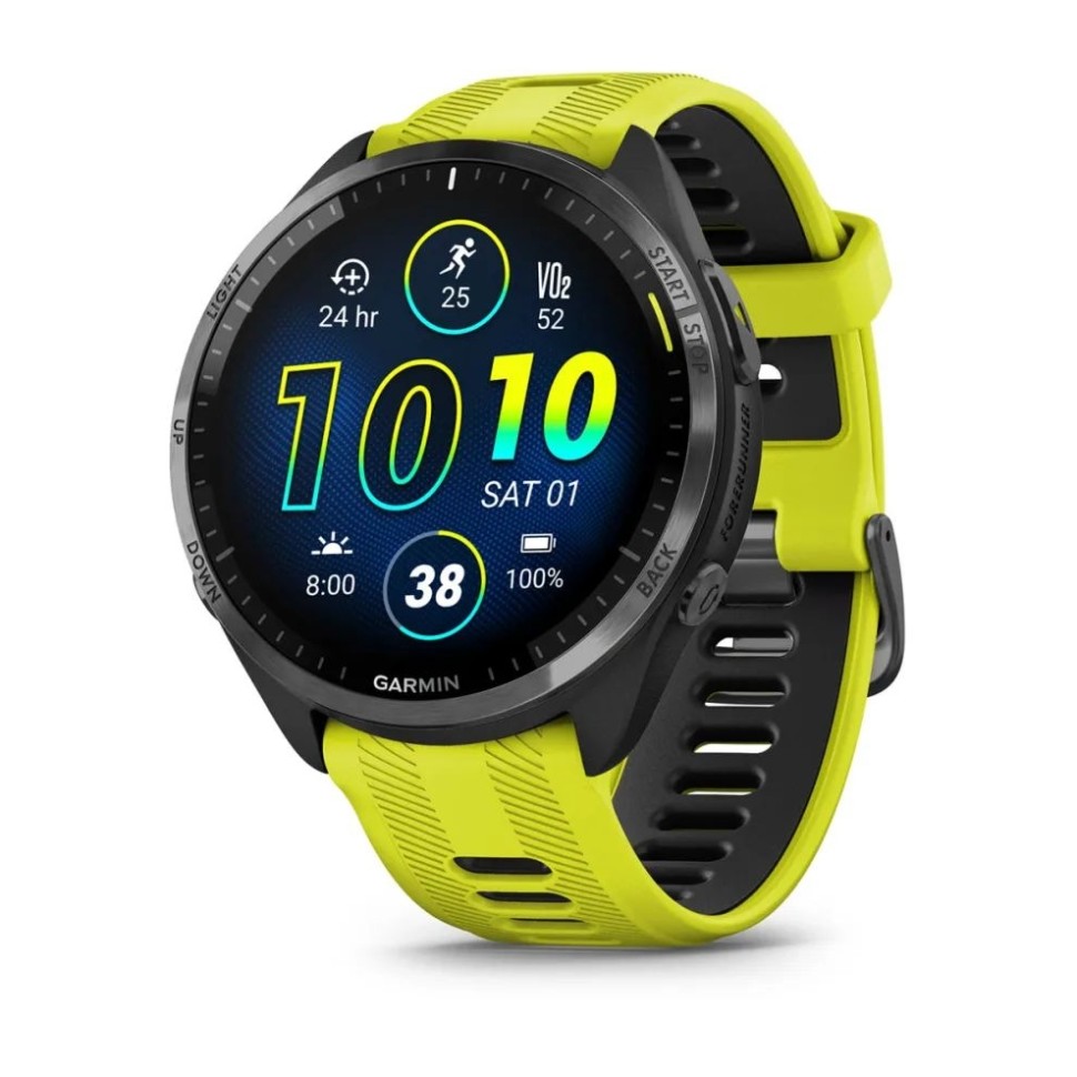 Спортивные часы Garmin Forerunner 965 черные, темно-серый DLC титановый безель, с желто-черным ремешком